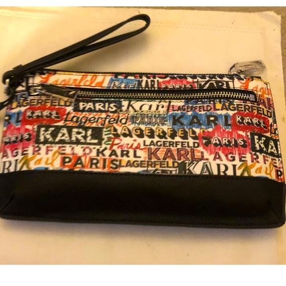 Karl Lagerfeld Faux Leather White,Black & Rainbow Scribble Wristlet NWT - Picture 7 of 10